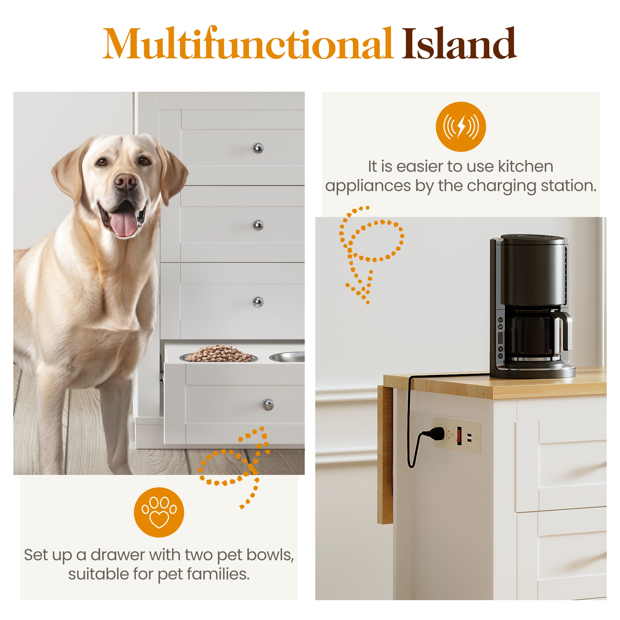 Kitchen Island With Storage Drop Leaf And Power Outlet White_voghion.com